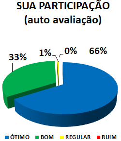 SUA PARTICIPAÇÃO (AUTO AVALIAÇÃO): 66% ÓTIMO, 33% BOM, 1% REGULAR, 0% RUIM